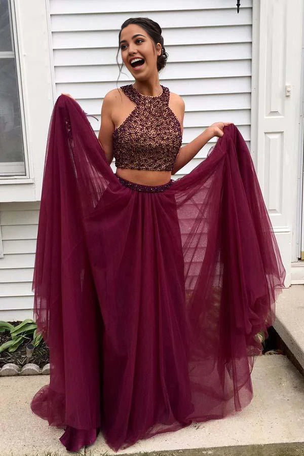 Vestido de noche formal de dos piezas con cuello halter, tul burdeos, espalda abierta y cuentas, vestidos de fiesta